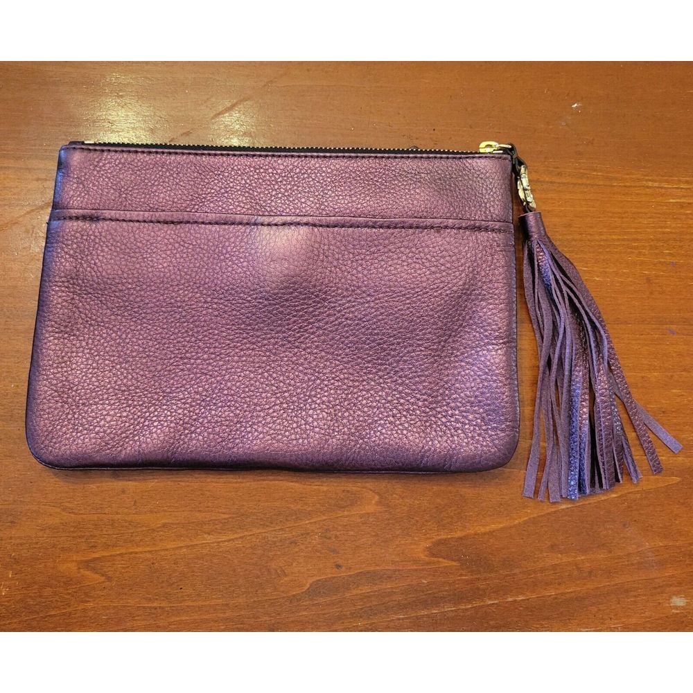 Aimee Kestenberg Genuine Leather Zip Clutch Purse Burgundy Metallic Gold Accents - Picture 6 of 15